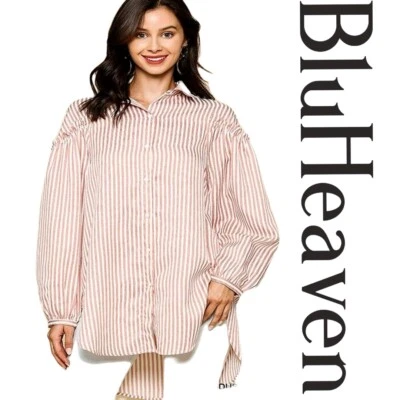 S/M BLUHEAVEN by UMGEE DUSTY ROSE Striped Button up Tunic/Blouse/shirt/Top BHCS - Image 1 of 4