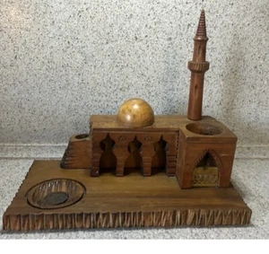 A-5) Rare Wood Thai Buddhist Temple Model Spirit House Hand Carved Brass Insert - Picture 1 of 8
