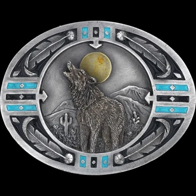 Nova Fivela de Cinto Howling Wolf Moon Pena Turquesa Montanha Deserto Ocidental Antiga - Imagem 1 de 2