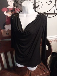 CAMISA DE VESTIR CARMEN MARC VALVO TOP NEGRO SÓLIDO DRAPEADO CUELLO CREMALLERA HOMBRO TALLA L - Imagen 1 de 4