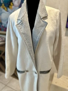 Cappotto vintage anni 90 bianco lana pelle colletto US M lunghezza caviglia vita lunga goccia - Foto 1 di 12