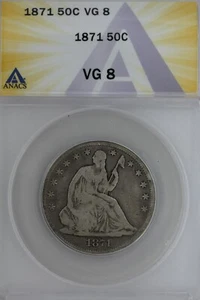 1871 .50 ANACS VG 8 1800's Half Dollar, Liberty Seated Half - Picture 1 of 2