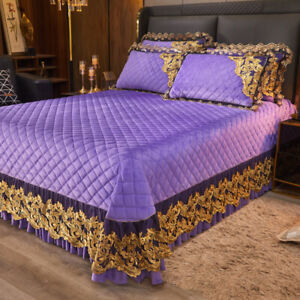 Luxury Lace Crystal Velvet Queen Size Bedspread Set Quilted Coverlet Thick Sheet