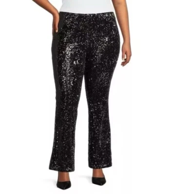 NWT Jessica Simpson Womens Pull On Evening Pants Black Sequin Flare Dressy 22W - Image 1 of 4