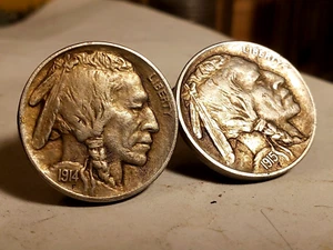 Antique BUFFALO NICKEL CUFFLINKS Vtg Real Coin Mens Deco Jewelry OLD 1914 1915 - Picture 1 of 8