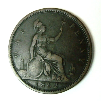 1862 Reino Unido Grã-Bretanha moeda de um centavo km#749.2, boa moeda sem problemas - Imagem 1 de 2