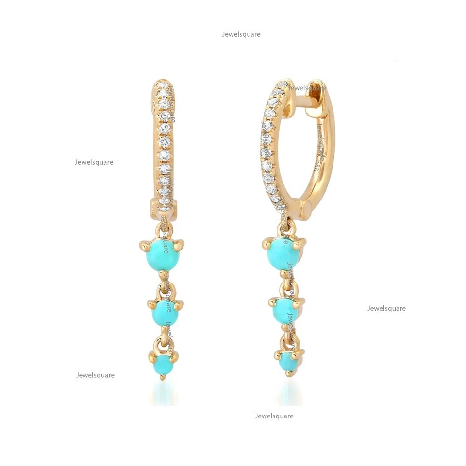 Trio Turquoise & Real Diamond Drop Huggies Earrings 14k Gold Shake Drop Earrings - Image 1 of 4