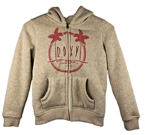 Roxy Youth Sherpa Lined Fleece Hoodie Full Zip Girls Medium Beige 10 Pink Logo - Picture 1 of 12