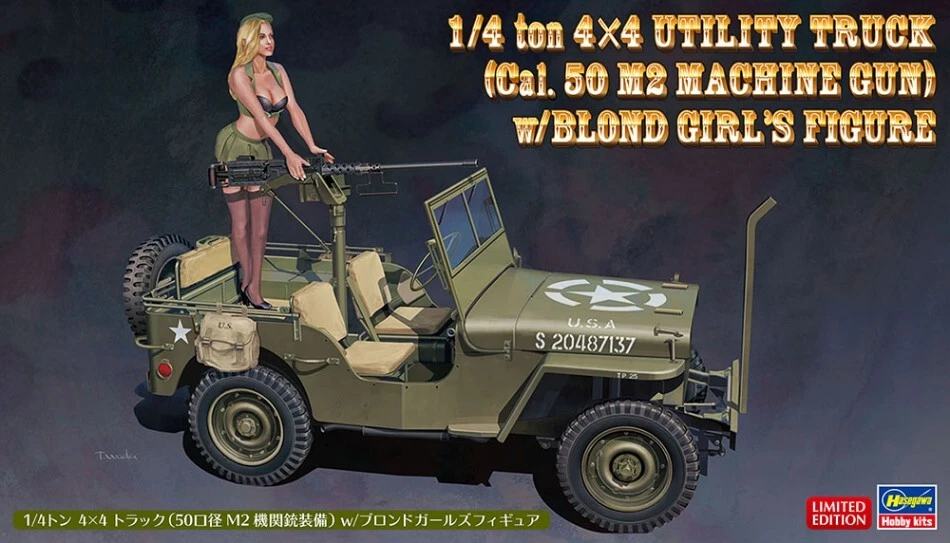 Hasegawa HA52283 1/4 ton 4x4 TRUCK W/CAL.50 M2 MACH GUN W/BLONDE GIRL FIGURE KIT - Immagine 1 di 1