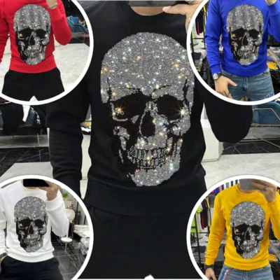 New Fashion Luxury Skull Rhinestones Hoodie Men Sweatshirt Pullover All Sizes - Image 1 of 4