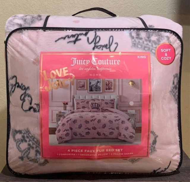 Juego de edredón Juicy Couture rosa felpa imitación piel coronas estampado 4 piezas KING suave y acogedor Foto 1 de 4