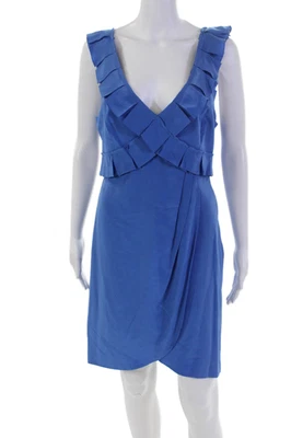 Tibi Womens Side Zip Sleeveless V Neck Knee Length Silk Shift Dress Blue Size 8 - Image 1 of 4