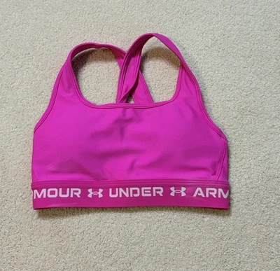 Under Armour Women’s Sports Bra Pink White XS Spell Out Style 1361034 Stretch - Image 1 of 4