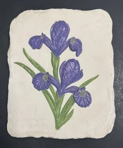 Vintage Ceramic Hand Crafted Wall Plaque Purple Iris Decor 9”x7” Built-in Hanger - Picture 1 of 6
