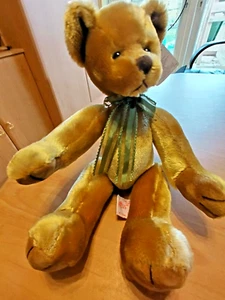 Russ Dunwell Light Brown Wired Poseable Teddy Bear with Green Bow, With Tags New