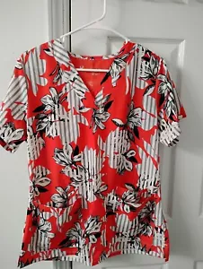 Grey's Anatomy Signature 3 Pocket Red/Black/White Floral Scrub Top Size M - Picture 1 of 1