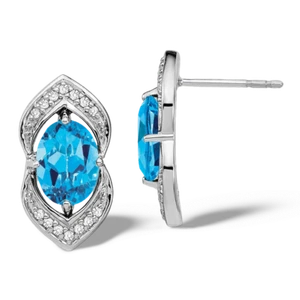 14K Solid White Gold Swiss Blue Topaz Diamond Dangle Earrings - Picture 1 of 4