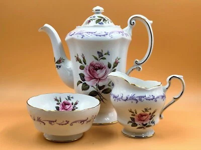 Paragon Century Rose 1 pint capacity coffee pot, creamer & open sugar bowl set. - Image 1 of 4