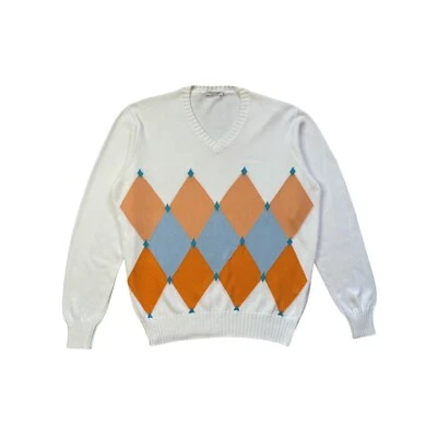Pullover Gran Sasso Uomo 52 IT - L Rombi Bianco Arancione Blu Cotone Pre Owned - Immagine 1 di 4