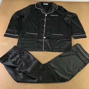 Aibrou Women's Size large Black Satin White Trim 2 Piece Classic Pajama Set New - Picture 1 of 11