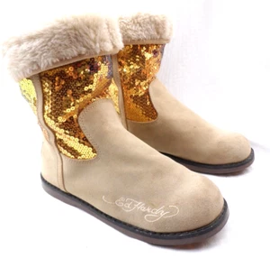 Don Ed Hardy Boots Tan Suede Leather Gold Sparkle Fur Boots Womens Size 7 - Picture 1 of 9