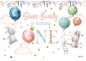 BUNNY RABBIT BALLOONS PERSONALISED BIRTHDAY PARTY BANNER BACKDROP DECORATION - Picture 1 of 4