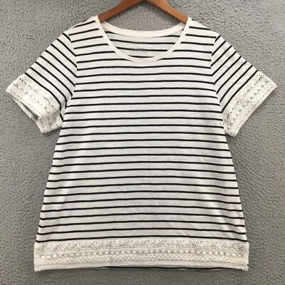 Talbots Tops T-Shirt Womens Large Short Sleeve Lace Stripe Black White Cotton - Image 1 of 4
