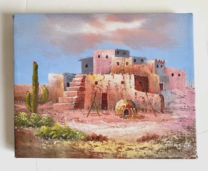 Vintage Southwestern Desert Adobe Homes Ölgemälde Kunst Kaktus Haus signiert - Bild 1 von 4