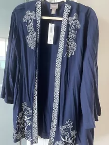 Chico’s Open Front Navy White Cardigan Jacket 3/4 Sleeve Embroidered Sz 3 XL - Picture 1 of 5