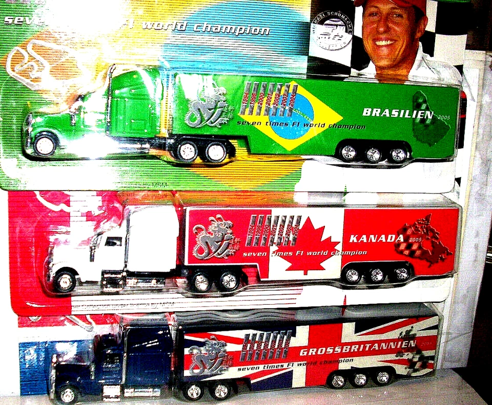 51-A 3 Tir Truck MICHEAL SCHUMACHER F1 WORLD CHAMPION Brasil + Canada + GB MINT - Immagine 1 di 1
