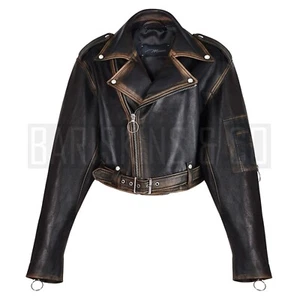Damen Leder Motorrad Jacke Schwarz Cropped Biker Gürtel Used Moto - Bild 1 von 10