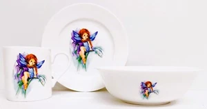 Floral Fairy Blue Breakfast Set 3 Piece Fine China Plate Mug Bowl Fairy & Flower - Picture 1 of 8