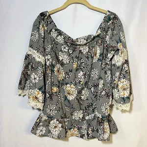Umgee Medium Blouse Shirt Floral Boho Gray 3/4 length sleeve romantic - Picture 1 of 6