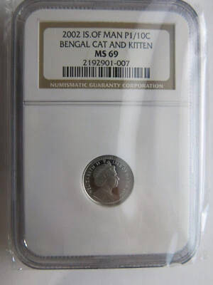 2002 1/10 oz Platinum Isle of Man Bengal Cat Kitten NGC MS69 - Rare pop 1 coin - Image 1 of 2