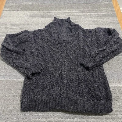 Aran Crafts Sweater Mens Large Blue Merino Wool Chunky Fisherman Knit Shawl* - Image 1 of 4