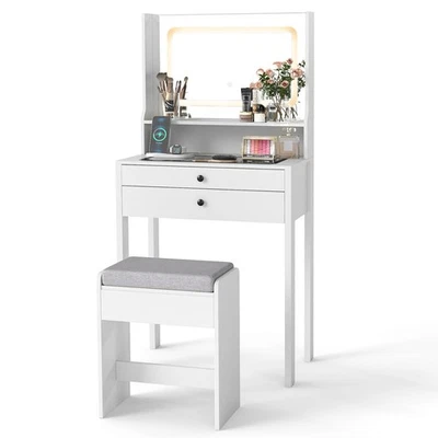 COSTWAY Small Makeup Table Vanity Desk with Mirror & Lights-White - Image 1 of 4