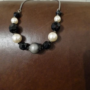 Black Bead And Faux Pearl Silver Tone Necklace By Next - Picture 1 of 1
