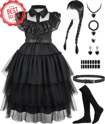 Wednesday Black Halloween Costume Dress w/ Wig Accessories Cosplay Gift 4–12 Yr - Image 1 of 4