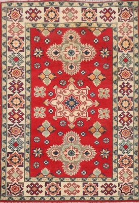 Red Kazak Foyer Rug 3x4 Ft Handmade Geometric Wool Pakistani Accent Carpet - Image 1 of 4