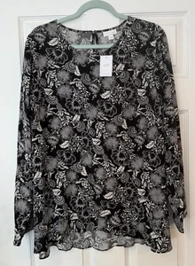 J Jill Neu mit Etikett Gr. LG schwarz weiß tropisch Blumen HiLo Popover Bluse Rüschen Bauer - Bild 1 von 13