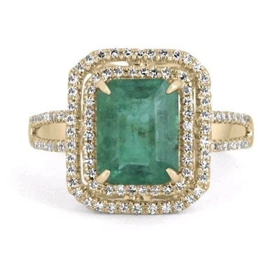 Natural Zambia Emerald Ring In 14k Solid Yellow Gold Emerald Diamond Ring - Image 1 of 4