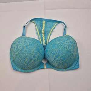 Cacique 38DD Boost Plunge BH blau gelb Blumen Spitze Frontverschluss Racerback - Bild 1 von 11