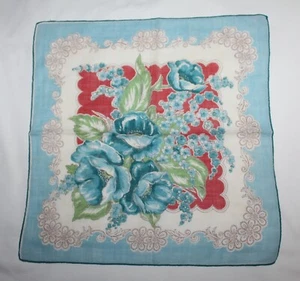 Vintage Taschentuch Taschentuch ~ blaue Blumen roter und weißer Hintergrund blauer Rand - Bild 1 von 3