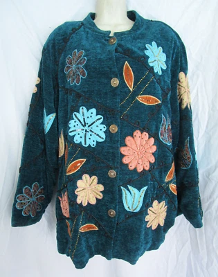 Индиго Луна цветочные аппликации бирюзовый зеленый бархат шениль куртка носимый искусства 2 X - Изображение 1 из 4