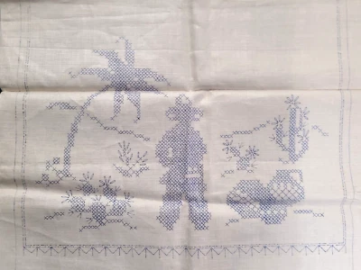 Vtg Cowboy Western Dresser Scarf Table Runner Stamped for Embroidery Linen - Image 1 of 4