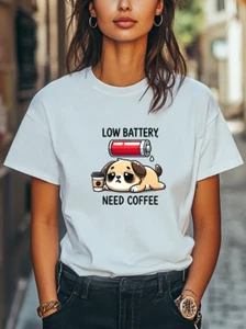 Funny Low Battery Coffee Cute Sleepy Dog Graphic Unisex T-Shirt Women Men Tee - Picture 1 of 7