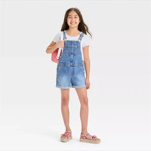 Girls' Denim Shortalls - Cat & Jack Medium Wash - Picture 1 of 3