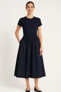 ME+EM midi dress two fabric combo short sleeve poplin navy blue jersey 8 - Picture 1 of 8