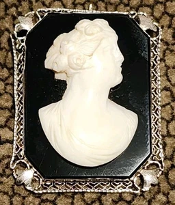 14K Weißgold Antik Kamee Pin Anhänger Schwarz & Weiß Onyx 12,1g Schmuck Verziert - Bild 1 von 9