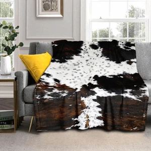 Cow Print Blanket Soft Flannel Lightweight Cowhide Western Throw Blanket Cozy Wa - Picture 1 of 7